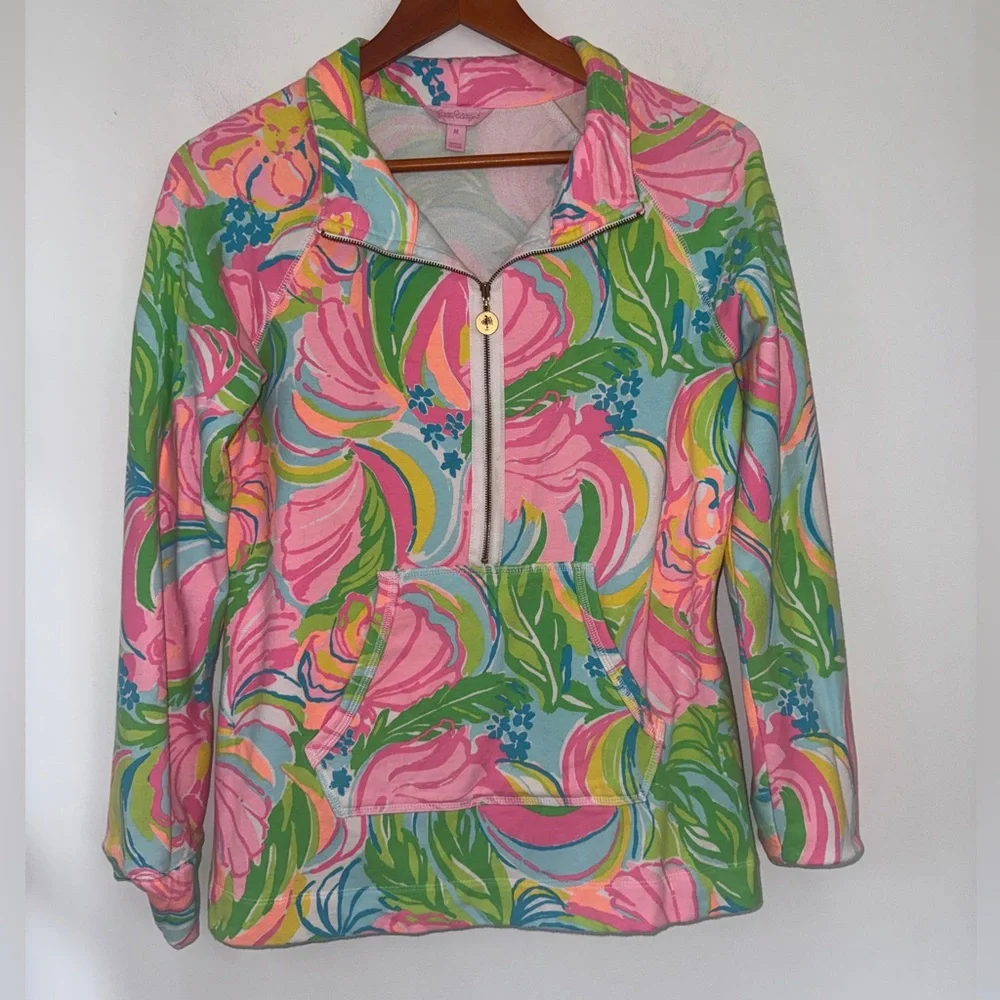Lilly Pulitzer Floral Half Zip Pullover Jacket Pink Green Blue Medium - Picture 5 of 14